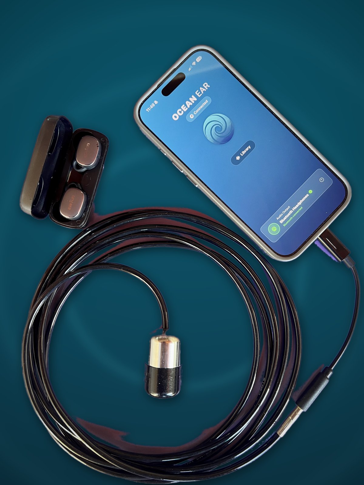 OceanEar Kit, hydrophone, USB-C cable, app on iPhone, Bluetooth earbuds